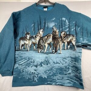 Vintage Y2K Wolf Pack Howling Forest Moon Graphic Sweatshirt Size XL